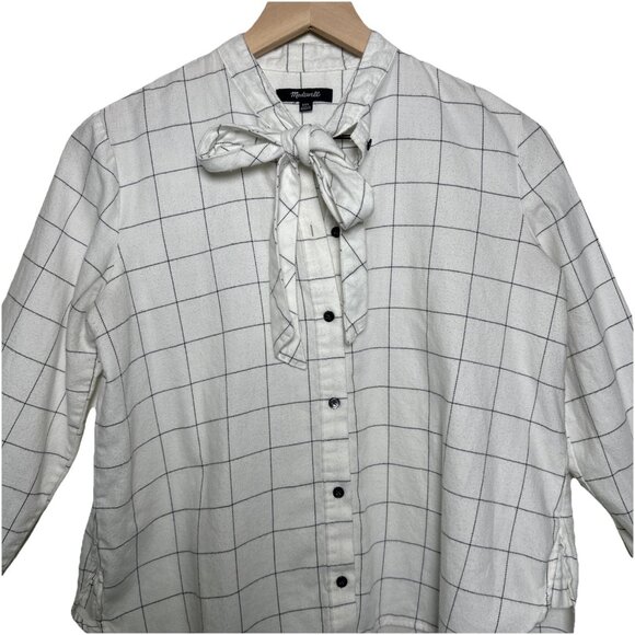 Madewell Flannel Tie Neck Shirt Windowpane XXS Relaxed Fit White Black Button Up - Picture 5 of 12